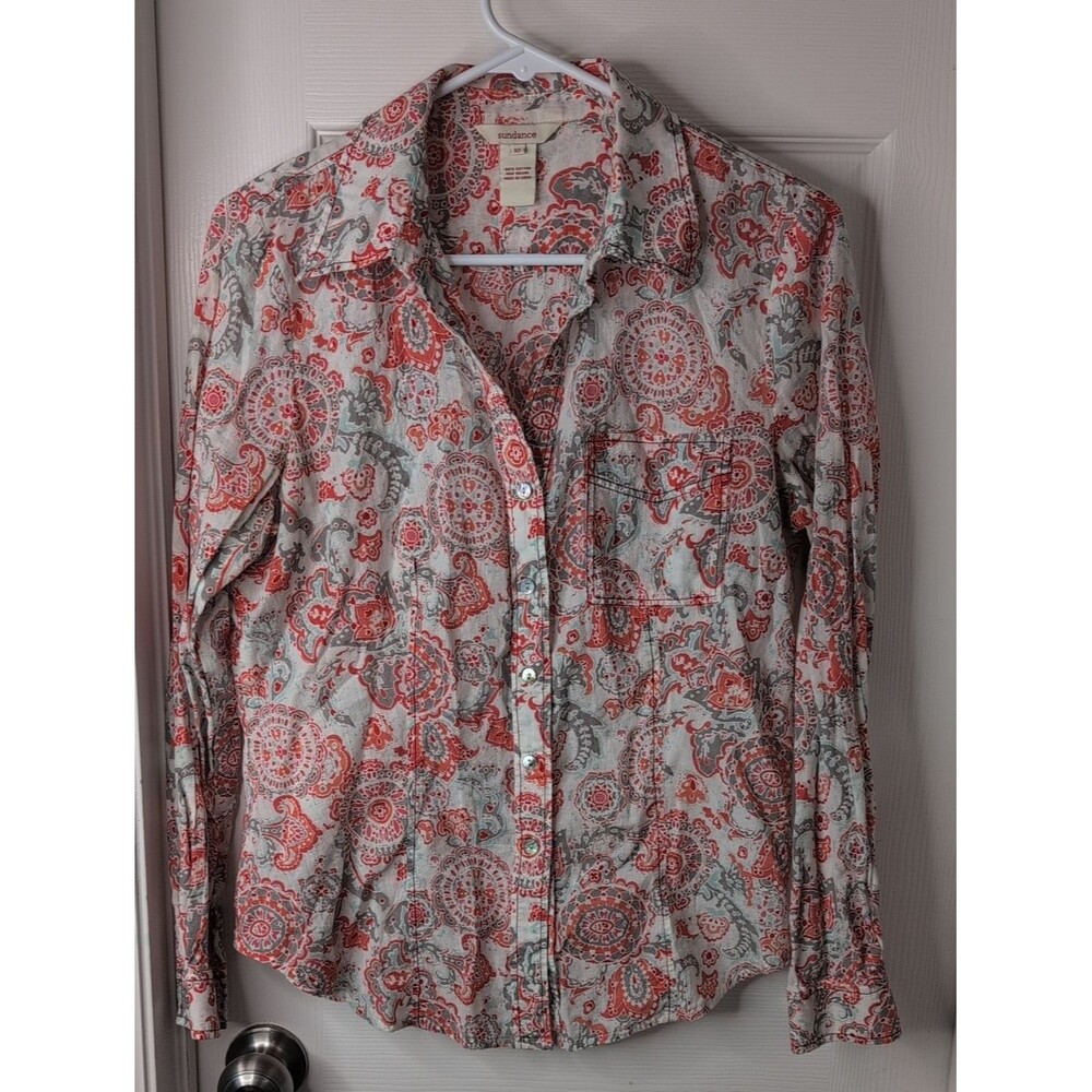 Sundance 100% Cotton Coral & Light Gray Paisley Boho Button-Up Shirt Size 10
